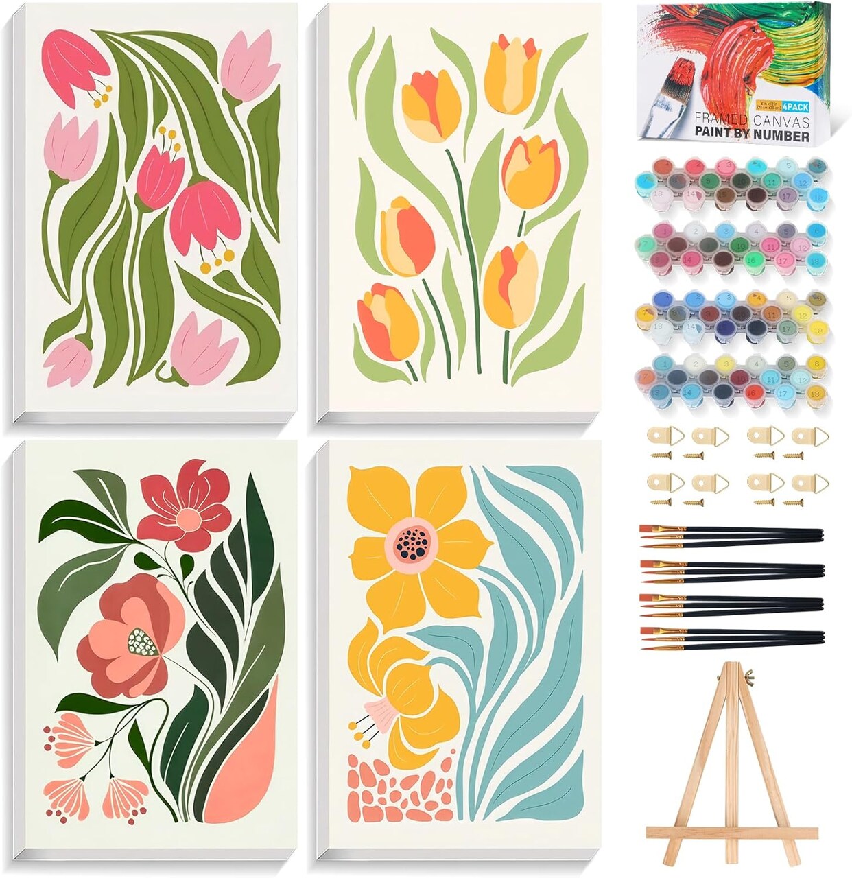 4 Pack Framed Paint by Numbers Kits for Adults – Floral DIY Acrylic Painting Set with Wooden Easel, Beginner-Friendly Paint by Numbers Canvas Art for Home Decor, 8x12 Inch